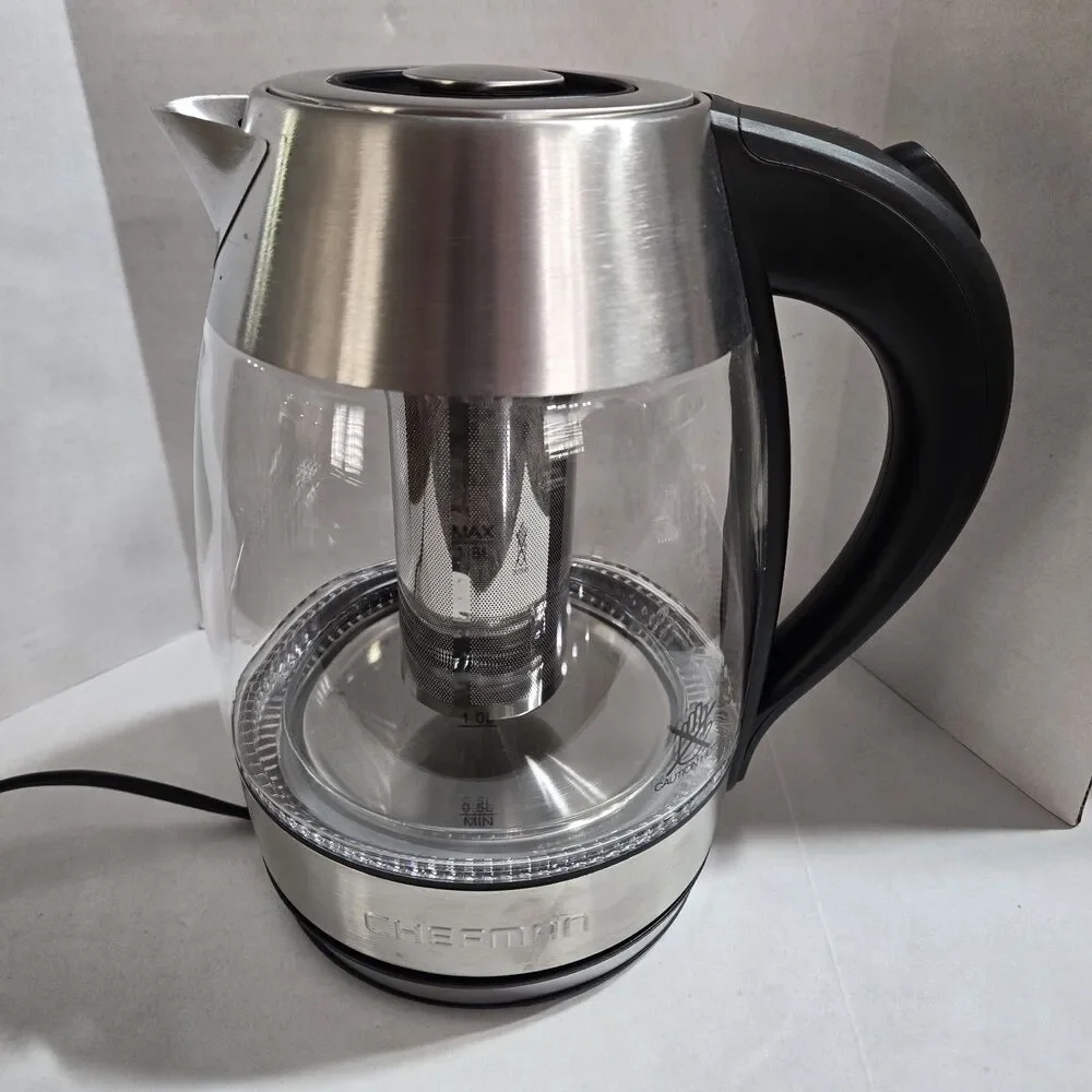 Chefman 1.8L cordless glass electrical kettle removable tea infuser included